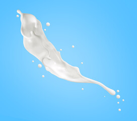 Milk splashes and drops in the air on a blue background