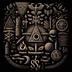 Wall Mural - Magic symbols runes and spells. Witchcraft of a witch. Esoteric ornament, occult signs wizard. Mystic mythology sign