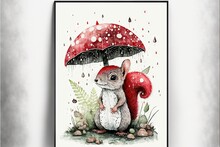  A Painting Of A Squirrel Holding A Red Umbrella In The Rain With A Fern And Rocks Underneath It, On A White Background With A White Frame.  Generative Ai