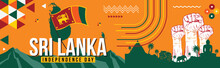 Sri Lanka National Day Banner For Independence Day With Text, Srilankan Flag Theme Colorful Icons And Nature Landscape. Abstract Geometric Banner For The National Day Of Sri Lanka Vector Design