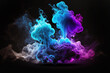 Multicolored thick smoke, blue and purple neon on a black background. AI