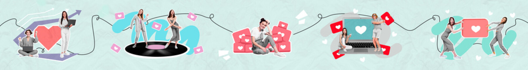 Poster - Creative collage collection picture of diversity people dance blogging receive like notification twitter instagram facebook