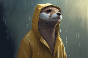 AI Otter wearing a raincoat in the rain - Generative AI
