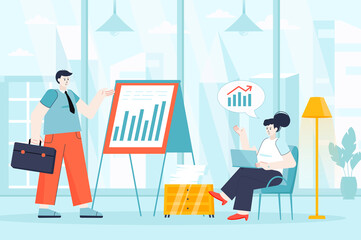 Poster - Business meeting concept in flat design. Employees work in office scene. Colleagues analyze company development statistics at presentation. Illustration of people characters for landing page