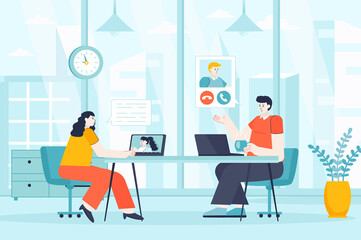 Aufkleber - Video conference concept in flat design. Man and woman make video call scene. Couple communicating online. Colleagues videoconferencing. Illustration of people characters for landing page
