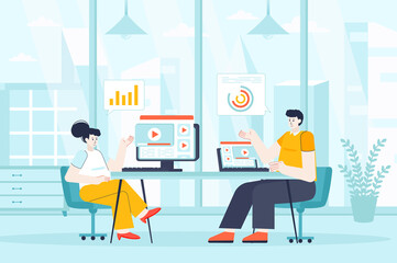 Poster - Video marketing concept in flat design. Marketers works in office scene. Colleagues create content, analyze statistics, promotion strategy. Illustration of people characters for landing page
