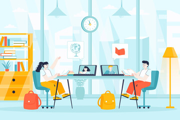 Fototapete - Distance learning concept in flat design. Children studying online from home scene. Girl and boy watching video course lessons with teacher. Illustration of people characters for landing page