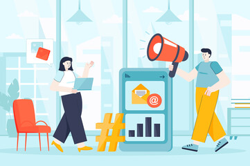 Poster - Social media marketing concept in flat design. Colleagues works in office scene. Man and woman create content, promotion, attract clients. Illustration of people characters for landing page