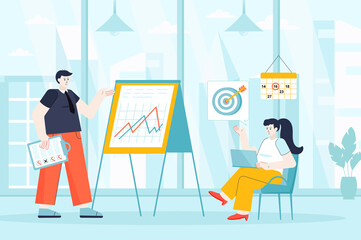 Poster - Business planning concept in flat design. Teamwork in office scene. Colleagues planning project, targeting, statistics analysis, development. Illustration of people characters for landing page