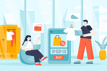 Poster - Online shopping concept in flat design. Couple buying clothes on store website scene. Man and woman choose new outfits, pay at mobile app. Illustration of people characters for landing page