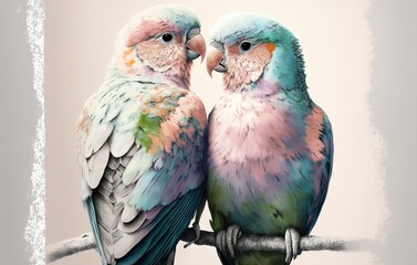 Naklejka na meble Couple of cute lovebirds in pastel colors valentines day illustration generative ai