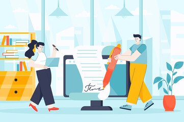 Electronic contract concept in flat design. Concluding deal, signing documents scene. Man and woman sign official paper at business meeting. Illustration of people characters for landing page