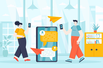 Poster - Messaging service concept in flat design. Man and woman communicate in messenger scene. Text messages, digital correspondence, chatting. Illustration of people characters for landing page