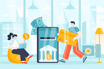 Poster - Mobile banking concept in flat design. Mobile application for bank transactions scene. Man and woman pay online, make deposits, accounting. Illustration of people characters for landing page