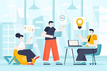 Poster - Developers team concept in flat design. Teamwork at office scene. Man and woman coding, programming, brainstorming, working project together. Illustration of people characters for landing page