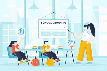 Fototapete - School learning concept in flat design. Pupils in lesson at classroom scene. Boy and girl studying world geography, listening to teacher. Illustration of people characters for landing page