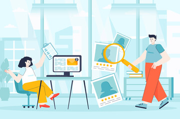 Poster - HR management concept in flat design. Recruitment process at office scene. Man and woman choosing best resumes, looking employee for vacancy. Illustration of people characters for landing page