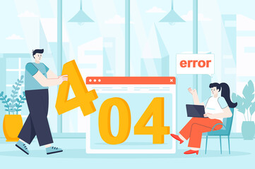 Poster - Page error concept in flat design. Development team working on problem site scene. Technology department fixes error on broken webpage. Illustration of people characters for landing page