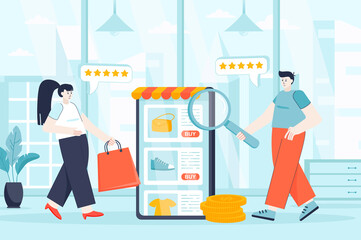 Poster - E-commerce concept in flat design. Buyers make online shopping scene. Man and woman buying clothes and shoes in internet store at mobile app. Illustration of people characters for landing page