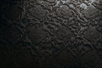 Sticker - Black wall background with vintage style ornate floral ornaments. Generative AI illustration