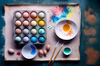 Draufsicht von einem Tisch mit Farben, Pinsel und bemalten Ostereiern - Generative Ai 