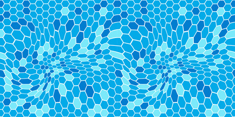Aufkleber - Underwater Waterpool Bottom with Hexagon Tile. Wavy Surface Seamless Pattern. Vector Sea Ripple. Abstract Blue Waves Background