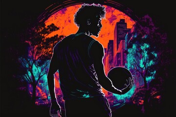 Wall Mural - Silhouette of a man who is playing basketball with neon background, generative ai	