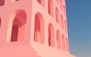 Leinwandbilder - 3d rendering. Arch hallway pink geometric background, architectural corridor, arch columns, empty wall. ancient housing Banner for travel presentations