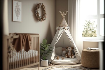 Baby nursery room, Nordic style home decor, interior design, generative AI