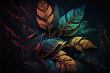  A Painting Of Leaves On A Black Background With A Red And Green Leaf On The Left Side Of The Image And A Green Leaf On The Right Side Of The Image.  Generative Ai