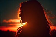 Silhouette Of A Woman With Long Hair Looking At The Sun.Generative AI. 3