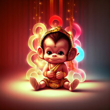 Cute Baby Hindu God Hanuman Cartoon Character Style, Generative AI