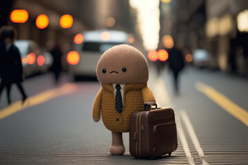 Knitted plush buddy in business style walks around New York with his bag. Based on Generative AI