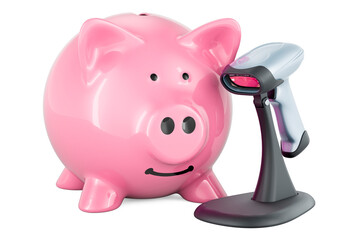 Poster - bar code reader, scanner with piggy bank. 3d rendering