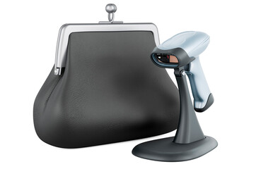 Poster - bar code reader, scanner with purse coin. 3d rendering