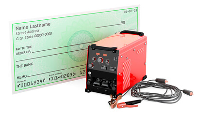 Poster - Multi-process welder machine with blank bank check. 3D rendering