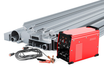 Poster - Multi-process welder machine with rolled metal. 3D rendering