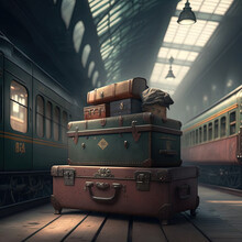 Vintage Suitcases And Luggage Piled Up On The Platform Of An Old Train Station - Created With Generative AI Technology
