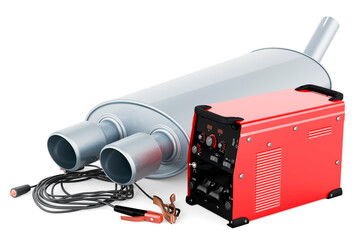 Poster - Multi-process welder machine with car exhaust pipe, repair concept. 3D rendering