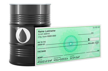 Wall Mural - Oil barrel with blank bank check, 3D rendering