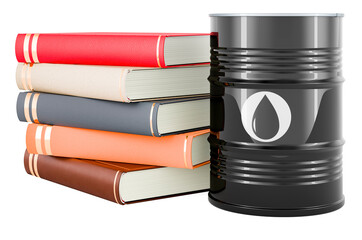 Poster - Oil barrel with books, 3D rendering