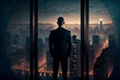 © ArgitopIA - businessman in office building looking out the window at the skyscrapers, generative ai