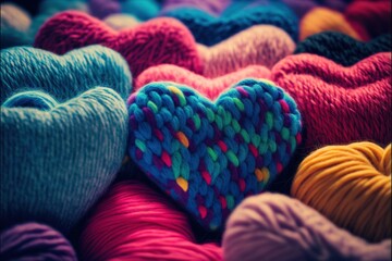  a heart - shaped knitted object is surrounded by balls of yarn and yarn balls of yarn are arranged in a pattern in the shape of a heart.  generative ai