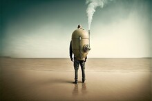  A Man Standing In The Middle Of A Desert With A Tank On His Back And A Smokestack Coming Out Of His Mouth,.  Generative Ai