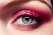 Beautiful female eye with pink eyeshadow make-up. AI generated image.