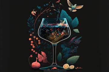  a glass of wine with a bird flying over it and a plant and a bird in the background with leaves and flowers on a black background.  generative ai