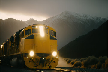  a yellow train traveling down train tracks next to a snow covered mountain range with a light on the front of the train and a few people standing on the side of the train.  generative ai