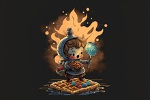  A Little Boy In A Space Suit Holding A Blue Balloon And Standing On A Waffle With A Fire In The Back Ground Behind Him.  Generative Ai