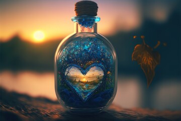  a glass bottle with a heart painted on it sitting on a wooden table next to a lake and a sunset in the background with a tree in the shape of a heart.  generative ai