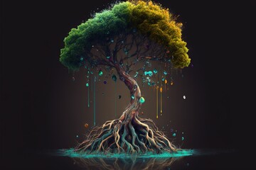  a tree with its roots growing out of the ground with water droplets on the ground and a black background with a reflection of the tree in the water.  generative ai